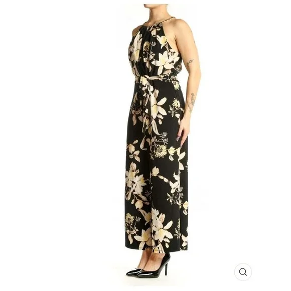 White House Black Market Floral Halter Jumpsuit Black Wide Leg Size L 10 - Picture 2 of 3